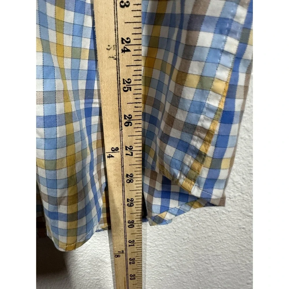 Peter Millar Shirt Mens Medium Blue Yellow Plaid Check Button Down Short‎ Sleeve